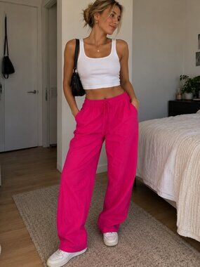 H&M LBright Pink Women's Elastic-Waist Casual Pants. Line